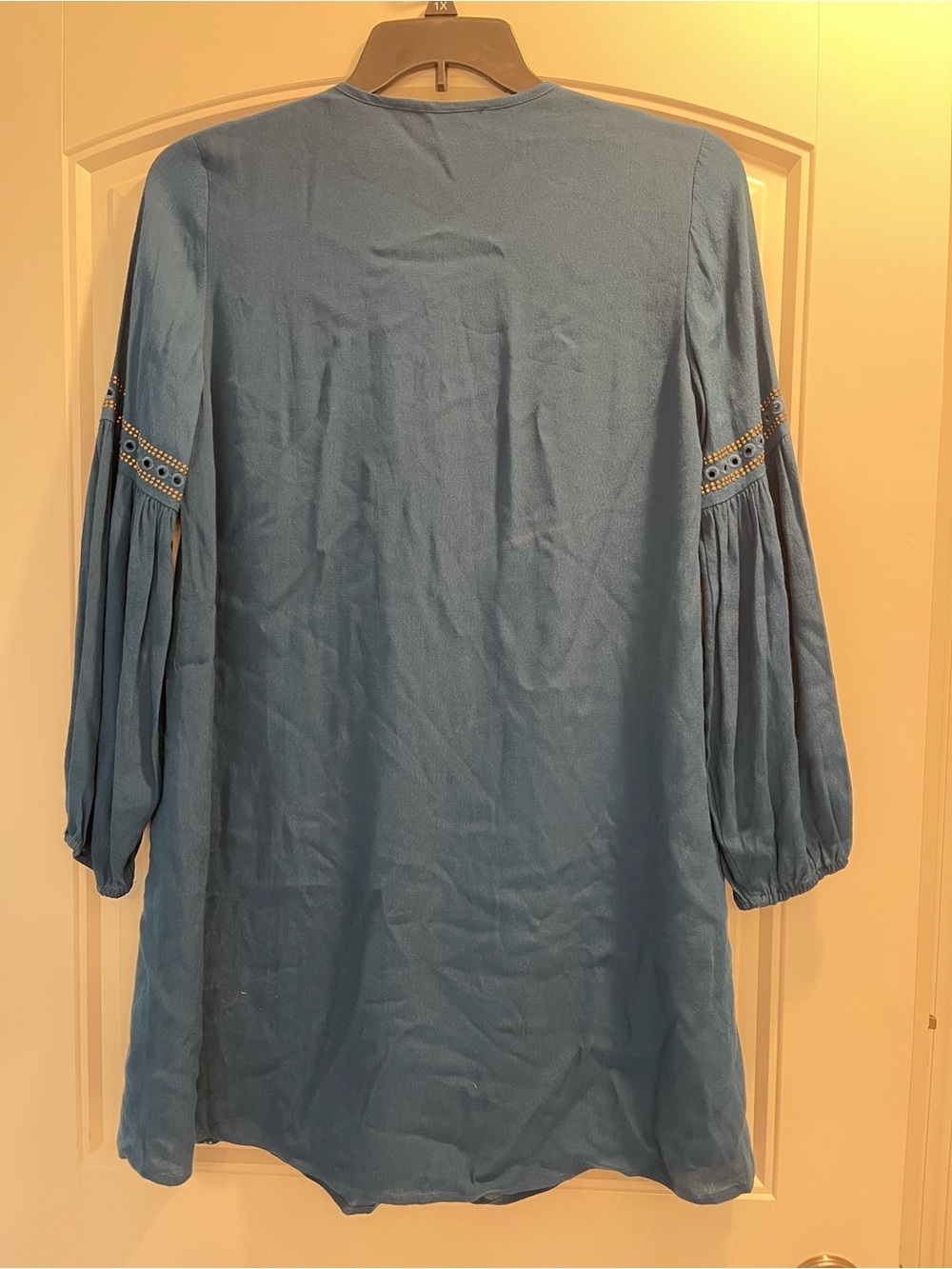 Sugar Lips Boho Peasant Shift Dress Size Small Blue Long Sleeve Gold Accents - Picture 2 of 7